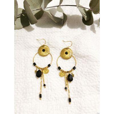 BOUCLE D'OREILLE ROND NOIRE DORE EN ACIER INOXYDABLE