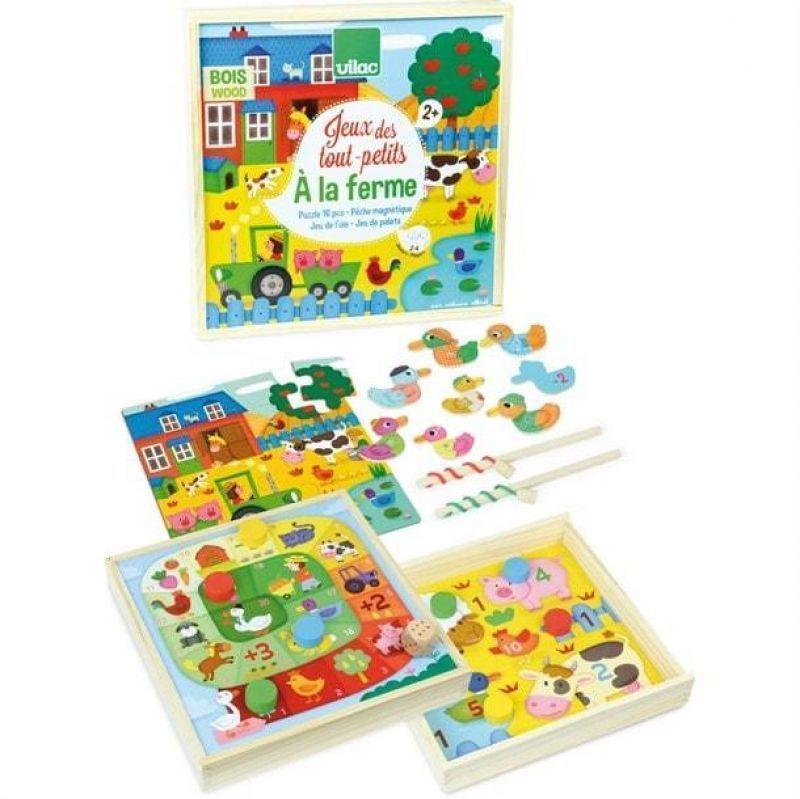 Jeux des tout petits à la ferme coffret 4 jeux (puzzle, jeu de l'oie, jeu du palet, jeu de pêche)