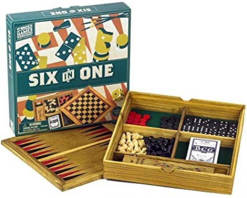 Coffret 6 jeux en bois (Mikados, Dominos, Jeu de cartes, Backgammon, Dames, Échecs)